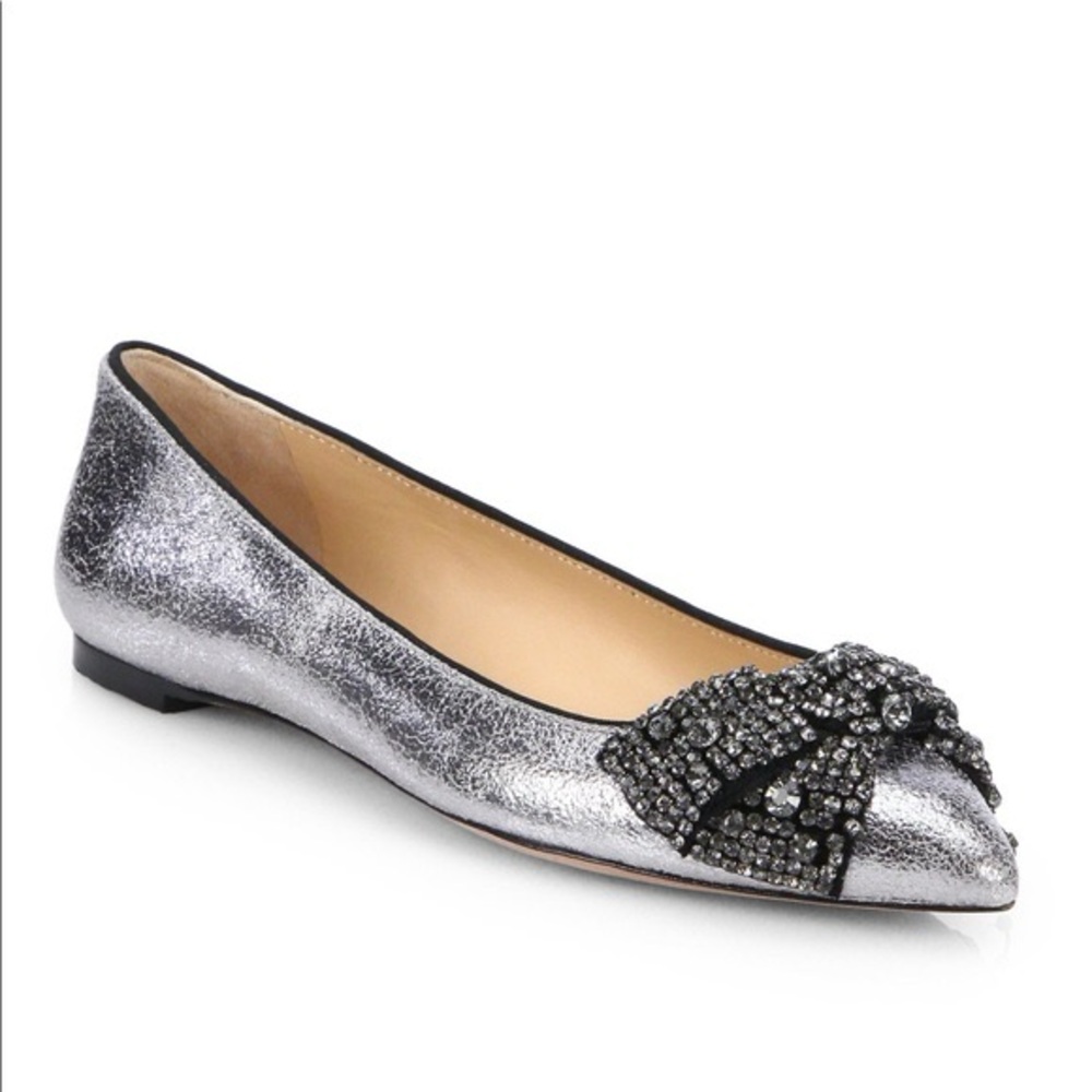 Tory Burch Silver Leather Vanessa Black Crystal Bow Pointed Toe Flats Size 7.5